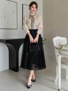 DAZY Blusa elegante y encantadora de contraste de color con cuello alto, lazo, cordón y manga larga para mujer