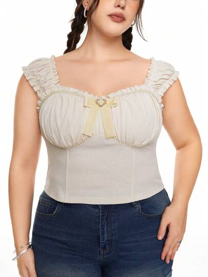 Kawaii Plus Size Women's Solid Color Simple Casual Ruffle Trim Bow Decor T-Shirt