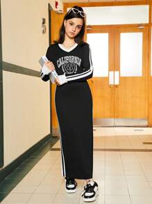 SHEIN Explorewe Teen Girls Contrast Color Printed Long Sleeve Dress - Black - View 6