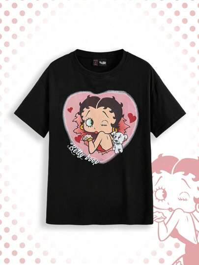 Betty Boop | ROMWE Damen lässiges Oversized T-Shirt mit Cartoon-Motiv und Schriftzug, für Sommer, Schule