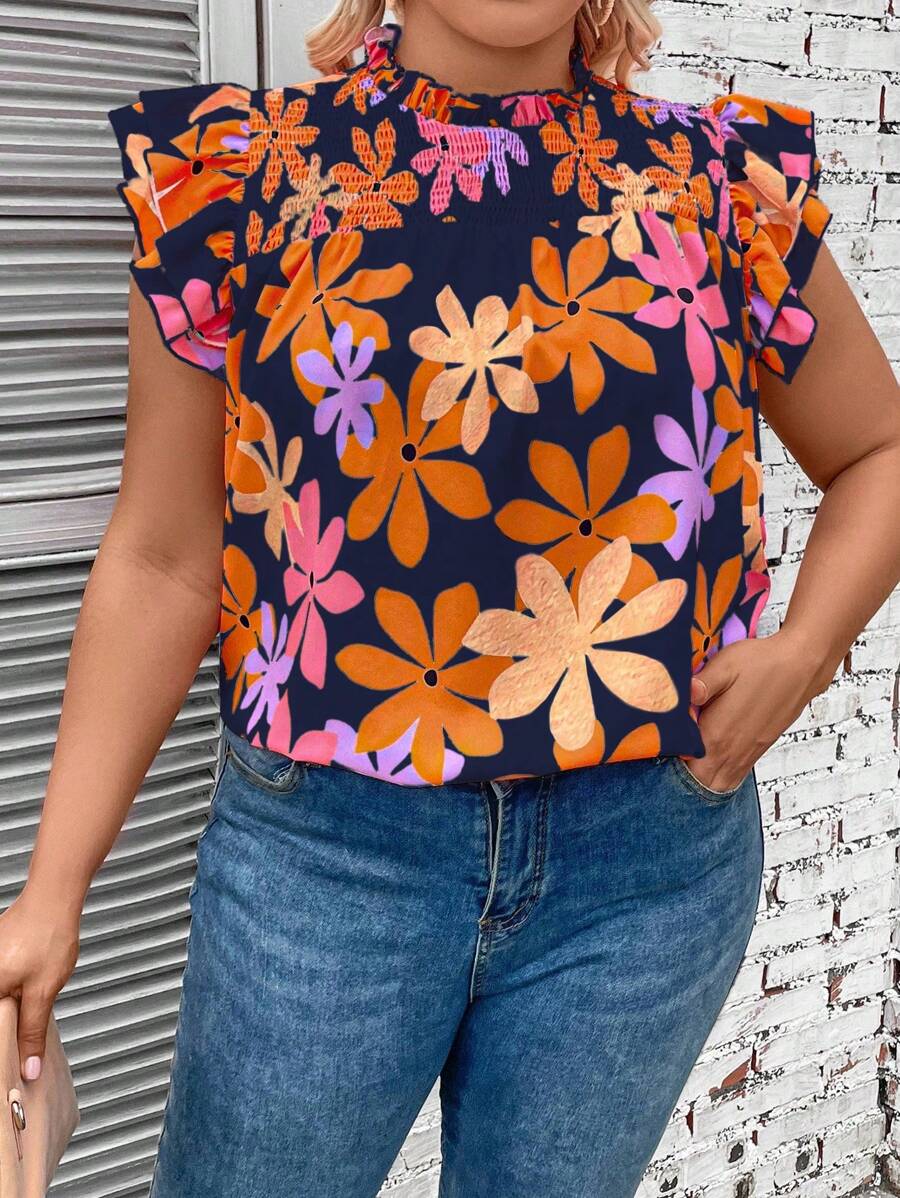 SHEIN LUNE Plus Size Women's Colorful Floral Print Simple Daily Tie Cuff Blouse - Multicolor - View 1