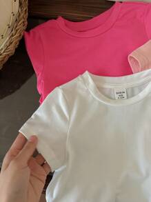 SHEIN Leap Crew 女婴休闲复古度假风卡通汽车、太阳、笑脸、英文字母印花白色/粉色/浅粉色短袖圆领上衣3件套，适合夏季返校季，可爱，女婴服装 - 彩色 - 查看 4