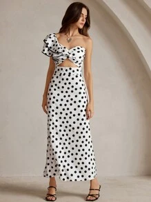 Anewsta Đầm Maxi Nữ In Chấm Bi Thường Ngày Một Bên Vai - Đen và trắng - Xem 5
