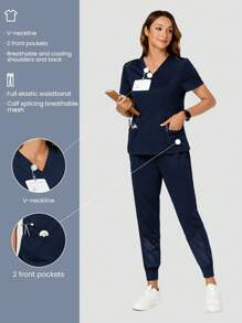 TaskEZ Women Solid Color Simple V-Neck Short Sleeve Top And Pants Scrub Uniform Set - Navy Blue - View 3