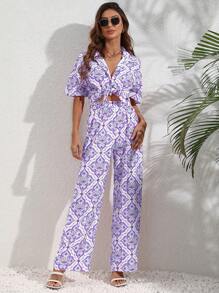 Breezaya 2 件女式复古风格印花短袖上衣和裤子，休闲日常穿着套装 - 紫色 - 查看 5