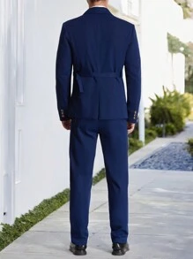 Manfinity Mode Men's Solid Color Double-Breasted Long Sleeve Suit Jacket And Pants Set - Navy Blue - View 2