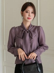 DAZY Women Plain Chiffon Ruffle Collar Long Sleeve Blouse,Fall Clothes - Coffee Brown - View 3