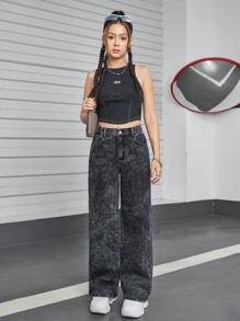 SHEIN Explorewe Teen Girl Y2K Casual Vintage Street Distressed Flared Jeans - Black - View 9