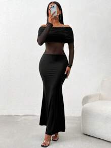 Chiquease Damen Sexy Abschlusskleid mit Off-Shoulder Mesh-Kontrastgewebe und Fischrücken - Schwarz - Übersicht 5