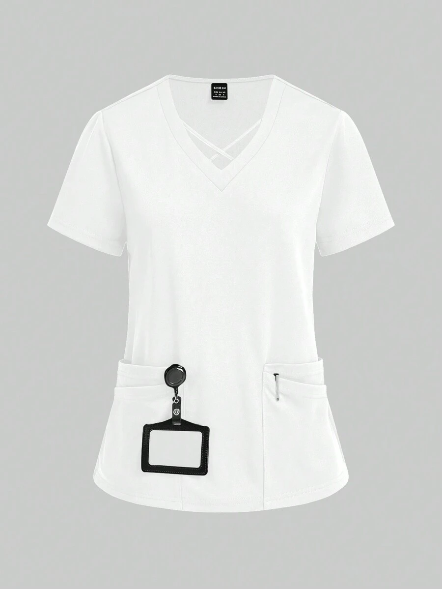TaskEZ Women Scrub Uniforms Top 4-Pocket Crisscross Scrub Uniform Top