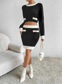 Chiquease 欧式休闲简约针织女式套头毛衣和迷你裙两件套，秋季