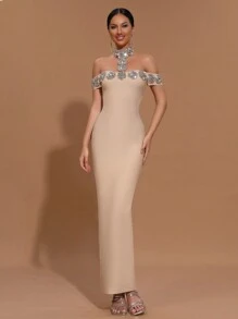Modphy 新款女款黑色性感露肩奢華鑽飾修身長版抹胸洋裝，適合婚禮、伴娘、晚宴、正式場合 - 杏色 - 查看 1
