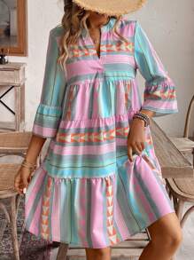 Breezaya 缺口领口喇叭袖缺口下摆荷叶边度假风格休闲连衣裙度假海滩装女士 - 粉色 - 查看 5