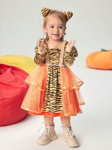 SHEIN 3pcs Girls Tiger Design Contrast Mesh Elegant Ruffled Dress With Tail, Princess Costume