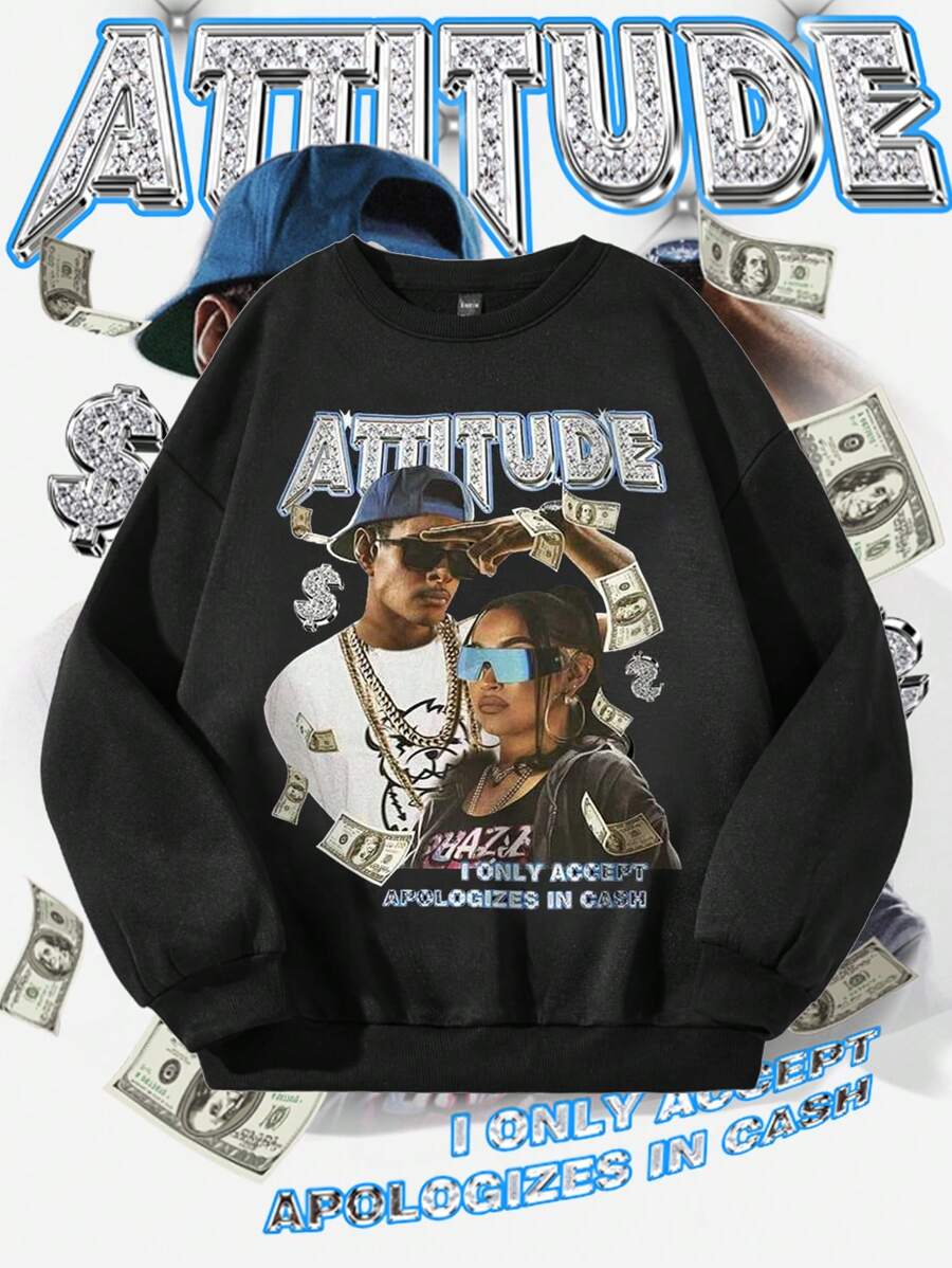 SHEIN Tween Girls' Letter & Figure Print Round Neck Drop Shoulder Long Sleeve Sweatshirt In Black, Autumn - Black - View 1