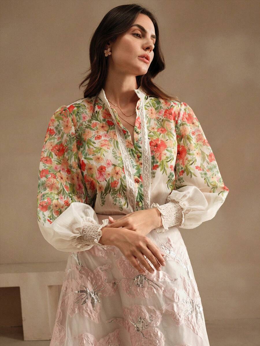 Anewsta Vacation Style Lace Patchwork Printed Women's Blouse - Apricot - View 1