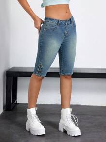 SHEIN EZwear Quần denim dài đến đầu gối một hàng khuy dành cho nữ, mùa hè - Rửa trung bình - Xem 5