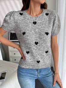 Pariaura 女士心形图案印花休闲圆领短袖针织上衣 - 灰色 - 查看 5