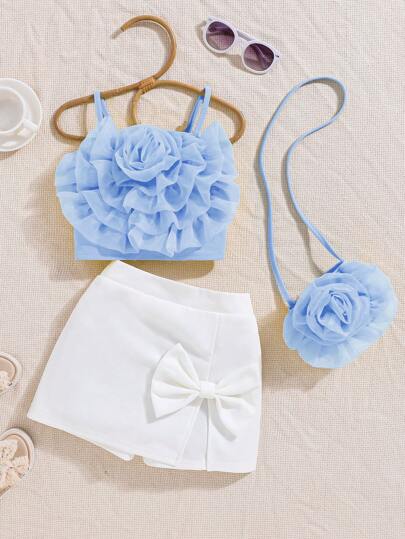 SHEIN Elladie kids 2 件套年轻女孩 3D 花卉装饰吊带背心和纯色蝴蝶结边饰短裙套装