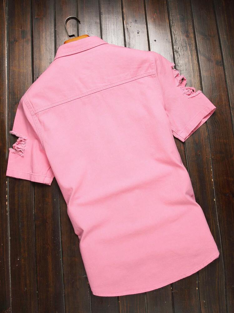 Manfinity Homme Men's Button Up Ripped Distressed Design Short Sleeve Casual Street Style Denim Shirt - Pink - View 2