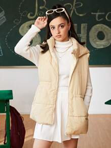 SHEIN Teen Girls Solid Color Hooded Sleeveless Padded Coat With Zipper, Tie And Pockets, Winter