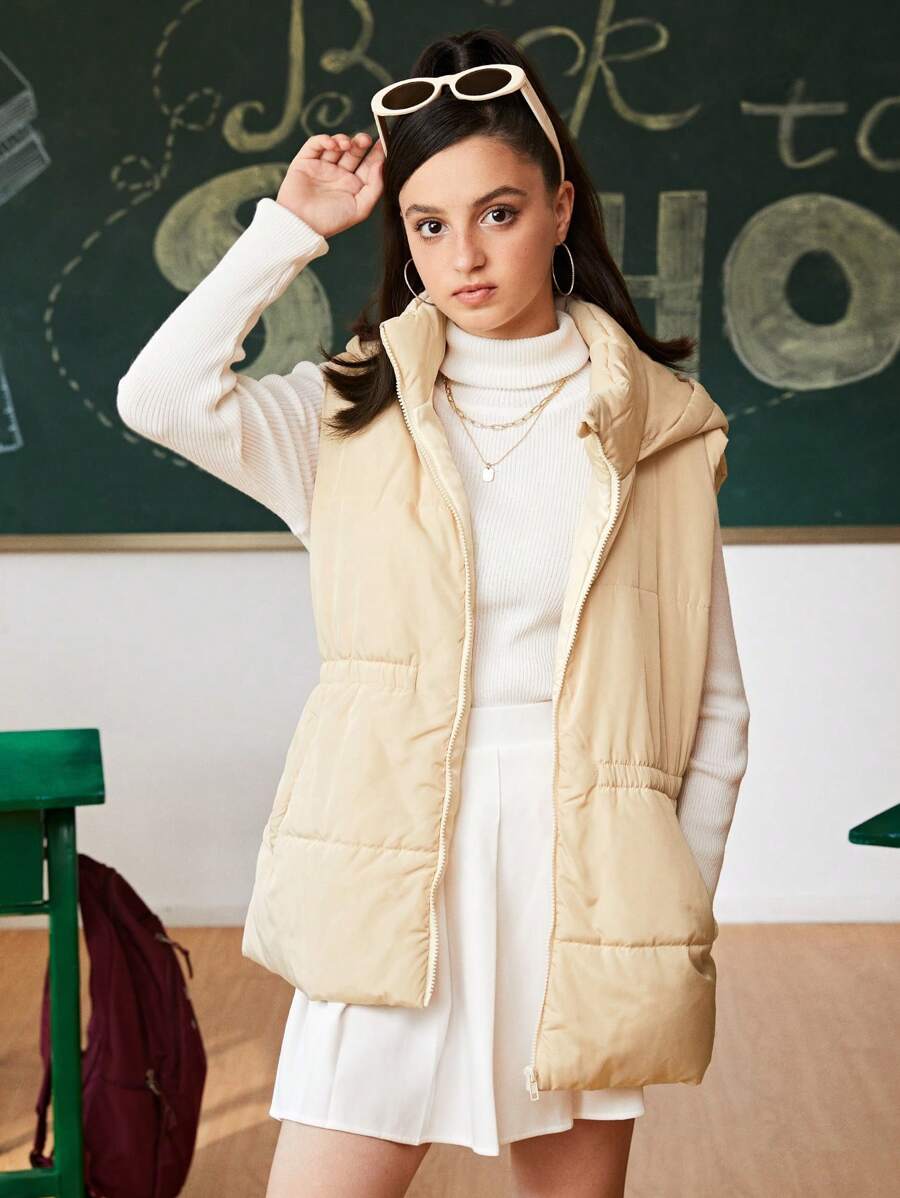 SHEIN Teen Girls Solid Color Hooded Sleeveless Padded Coat With Zipper, Tie And Pockets, Winter