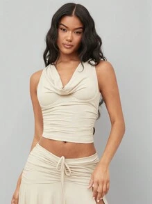 SHEIN BAE 實色簡約風格女士無袖背心，適合日常穿著 - 杏色 - 查看 3