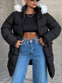 EURMUSE Long Padded Coat With Hoodie And Big Pocket - Black - View 7