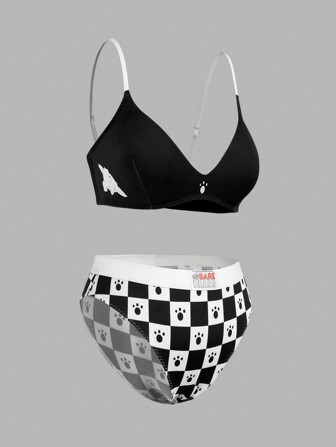 We Bare Bears X SHEIN Plus Size Black & White Cartoon Graphic Checkerboard Wireless Bra And Panty Set