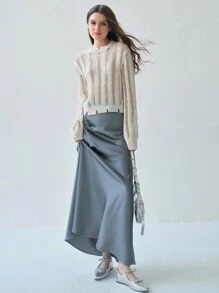 Enchnt 女士圆领镂空设计长袖休闲迷人柔软毛衣 - 白色 - 查看 4