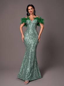 SHEIN Belle Elegant Romantic Beaded & Feather Decorated Women's Evening Gown (Deluxe Edition) (Faux Fur Shoulder Decor), Formal Prom Dress, For Wedding Guest, Graduation, Dinner - Dark Green - View 6