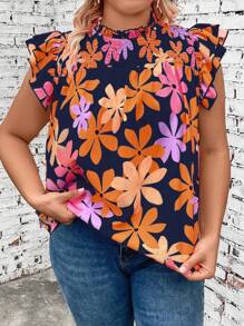 SHEIN LUNE Plus Size Women's Colorful Floral Print Simple Daily Tie Cuff Blouse - Multicolor - View 5