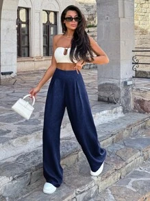 EURMUSE Women Linen  Wide Leg Pants - Navy Blue - View 5