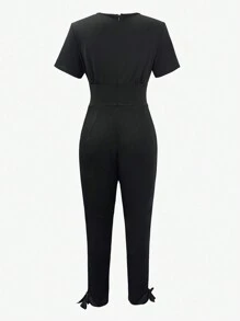 SHEIN Unity Women V-Neck Short Sleeve Solid Color Cinched Waist Slim Jumpsuit Pants - Black - View 2
