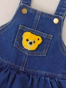 Girls' Casual And Stylish Denim Overall Dress With Cartoon Print And Pleats