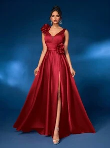 Glamrae 优雅奢华 V 领 3D 花卉装饰高开衩裙，带拖尾，正式晚礼服，舞会礼服，适合婚礼嘉宾、毕业典礼、晚宴派对礼服