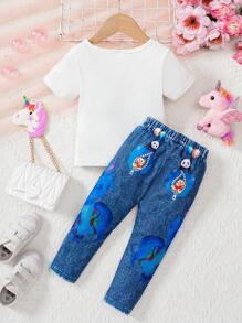 Bộ 2 món/bộ áo thun tay ngắn in hình kỳ lân và bóng bay dễ thương cho bé gái và quần denim, mùa xuân hè - trắng - Xem 2
