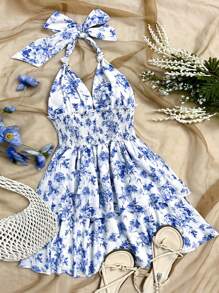 Soleia Women's Romantic Ditsy Floral Halter Neck Back Tie Ruffle Hem Mini Dress For Vacation, Party, Casual, Cute Vintage Bachelorette
