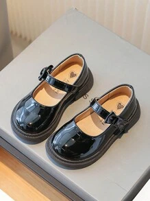 Girls' Round Toe Black Leather School Student Shoes, Princess Dress Flats