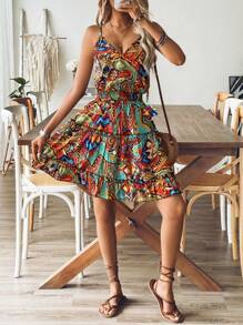 Breezaya Vintage V-Neck Printed Spaghetti Strap Dress With Gathered Waist For Vacation And Leisure Time - Multicolor - View 3