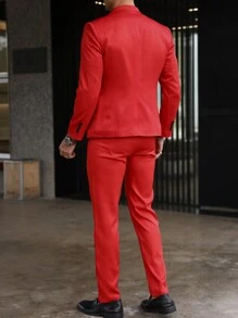 Manfinity Mode 男士純色時尚西裝外套和褲子套裝 - 紅色 - 查看 2