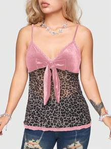 ROMWE J-Fashion Top de camisa con nudo, de patchwork estampado de leopardo, de moda, para verano