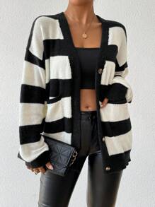 Chiquease 新款秋冬条纹仿貂绒女式开衫 - 黑與白 - 查看 7