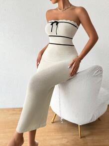 Pariaura 秋冬季女士抹胸连衣裙时尚针织性感连衣裙高档度假风长裙 - 杏色 - 查看 5