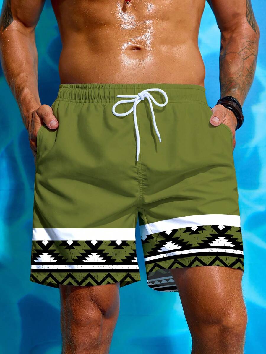 Manfinity Men's Geometric Print Drawstring Pocket Summer Beach Shorts - Army Green - View 1