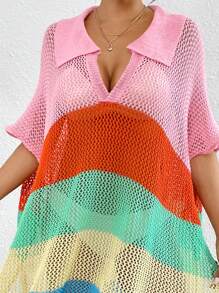 SHEIN Swim Farbblock Lochmuster Stricklockerungssitz Schlitz Strand Vacation Überzieherkleid für den Sommer - Verschiedenfarbig - Übersicht 3