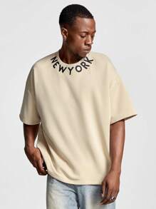 Manfinity VCAY Men's Loose Fit Round Neck English Print Short Sleeve T-Shirt, Suitable For Summer - Khaki - View 1