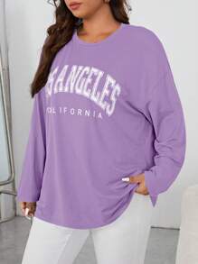 SHEIN Essnce 大码圆领长袖字母印花基本款上衣，休闲日常穿着