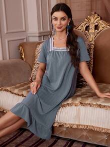 Contrast Lace Ruffle Hem Pajama Night Dress - Dusty Blue - View 6