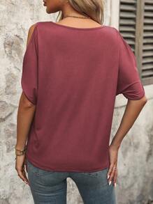 Calvaya Camiseta de verano casual de mujer con cuello redondo de unicolor y hombros abiertos - Color caoba - Ver 2